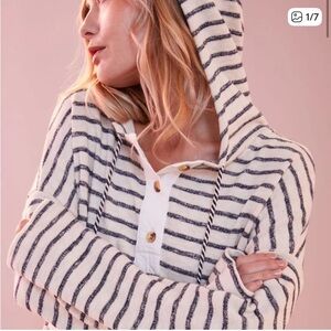 Sundry Dark Blue and Ivory Cream Striped Hoodie
